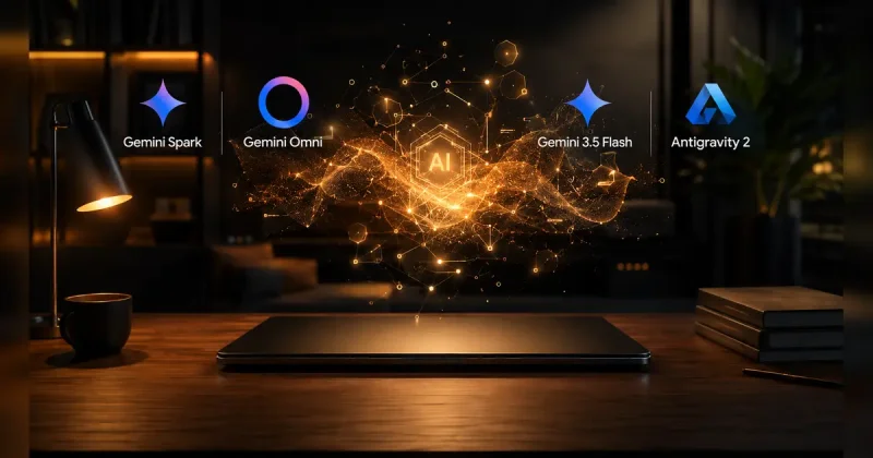 Google I/O 2026 AI updates graphic showing Gemini Spark, Gemini Omni, Gemini 3.5 Flash, and Antigravity 2 logos floating as a golden holographic wave above a closed laptop on a dark wooden desk under warm lamp lighting