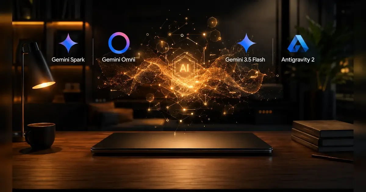 Google I/O 2026 AI updates graphic showing Gemini Spark, Gemini Omni, Gemini 3.5 Flash, and Antigravity 2 logos floating as a golden holographic wave above a closed laptop on a dark wooden desk under warm lamp lighting