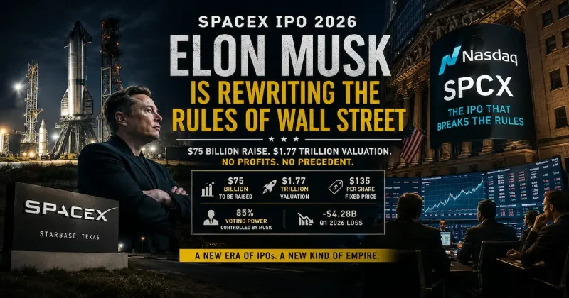 Elon Musk and the SpaceX IPO visual highlighting Starbase, Nasdaq trading screens, and the company's record-breaking valuation ambitions.