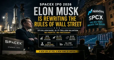 Elon Musk and the SpaceX IPO visual highlighting Starbase, Nasdaq trading screens, and the company's record-breaking valuation ambitions.