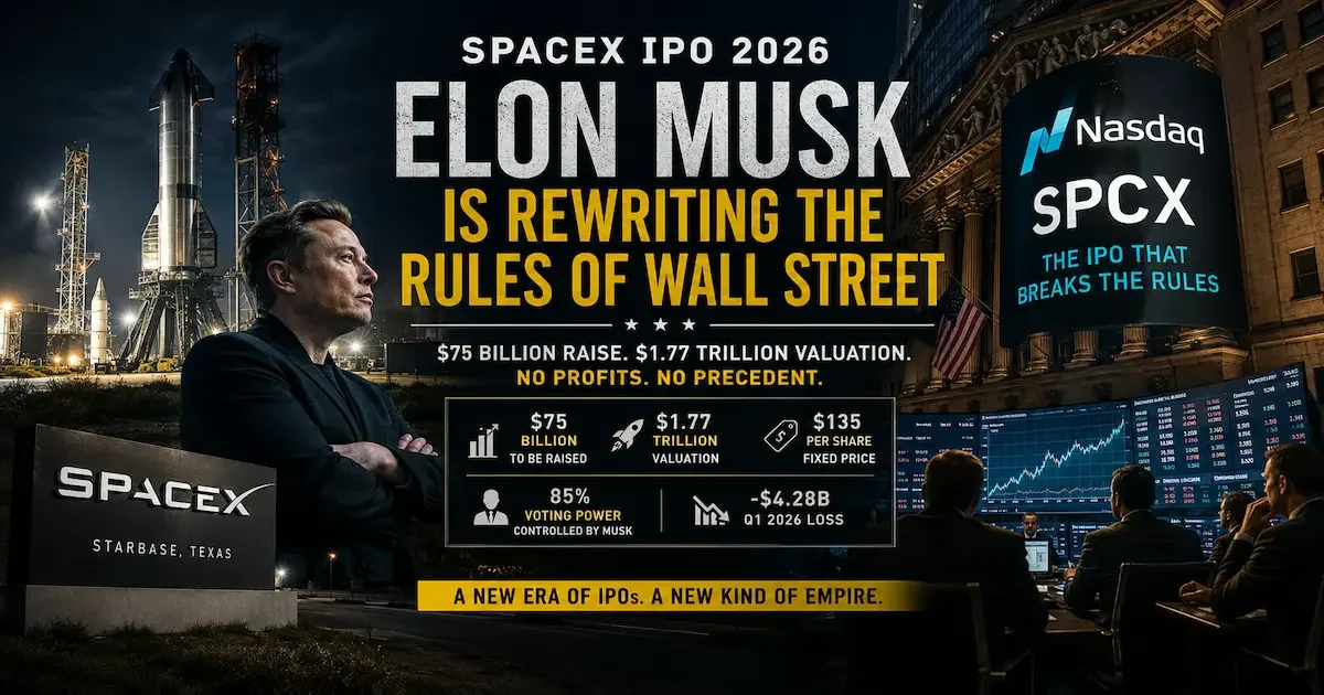 Elon Musk and the SpaceX IPO visual highlighting Starbase, Nasdaq trading screens, and the company's record-breaking valuation ambitions.