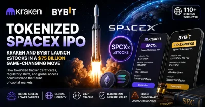 Tokenized SpaceX IPO visual showing Kraken SPCXx, Bybit IPO Express, xStocks tracker certificates, and a SpaceX rocket launch representing blockchain-based access to private market investments.