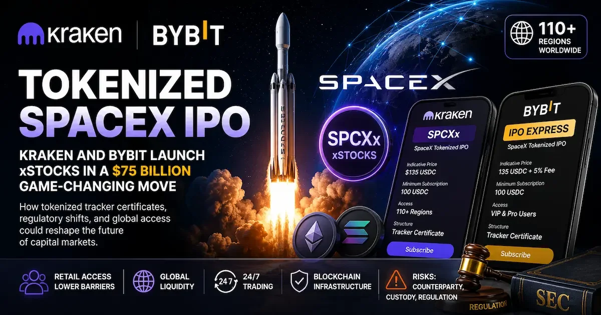 Tokenized SpaceX IPO visual showing Kraken SPCXx, Bybit IPO Express, xStocks tracker certificates, and a SpaceX rocket launch representing blockchain-based access to private market investments.