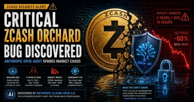 Cracked Zcash coin and broken Orchard privacy shield illustrating the critical Zcash Orchard vulnerability discovered during an Anthropic Claude Opus-assisted security audit, which triggered a sharp ZEC market decline.