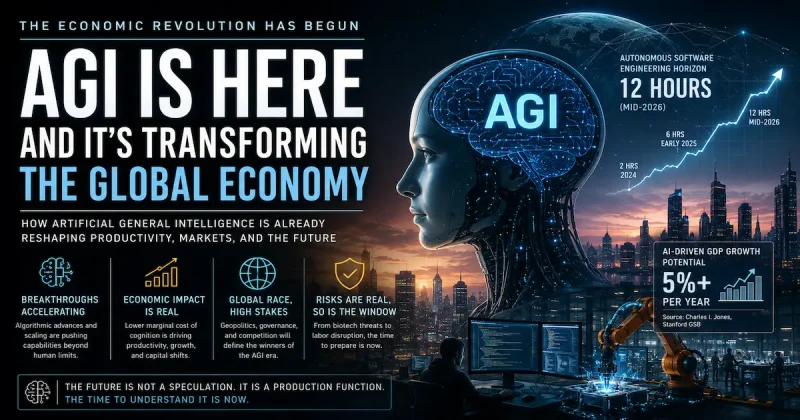 Artificial General Intelligence (AGI) transforming the global economy with AI-driven productivity growth, autonomous software engineering, and future economic expansion.