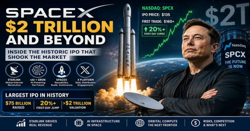 SpaceX IPO surpasses $2 trillion valuation as Elon Musk, Starlink, AI infrastructure, and SPCX stock growth drive historic Nasdaq debut