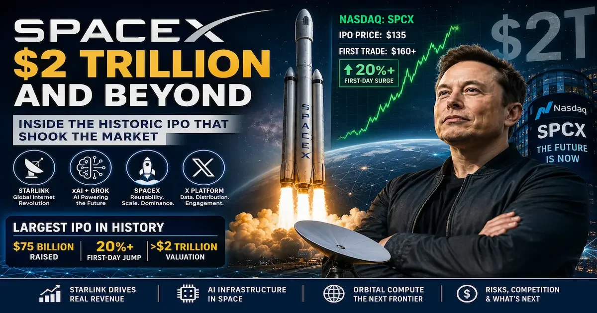 SpaceX IPO surpasses $2 trillion valuation as Elon Musk, Starlink, AI infrastructure, and SPCX stock growth drive historic Nasdaq debut