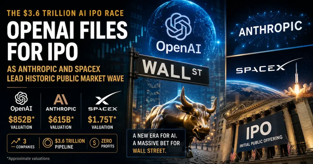 OpenAI IPO filing alongside Anthropic and SpaceX valuations, illustrating the $3.6 trillion AI IPO race and Wall Street's growing investment in artificial intelligence companies.