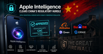 Apple Intelligence concept artwork showing Apple's AI technology connected to China with digital network graphics representing regulatory approval and localized AI deployment.